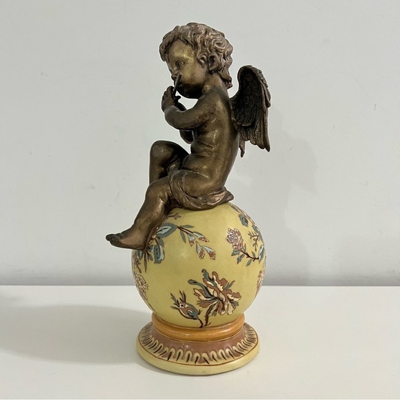 Bronze Cherub Playing Flute on Floral Globe Figurine Statue - Picture 2 of 6